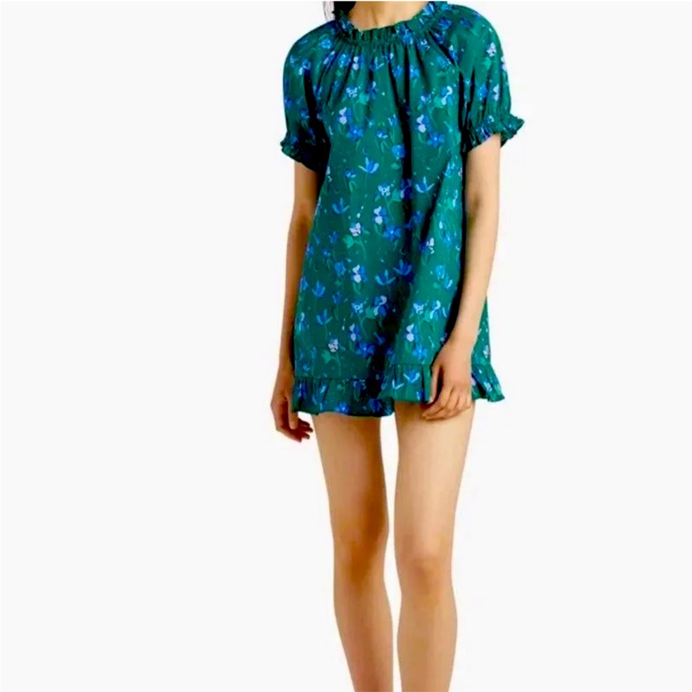 Hill House The Katherine Nap Dress In Emerald Botanical Poplin w/ Rockets | XS